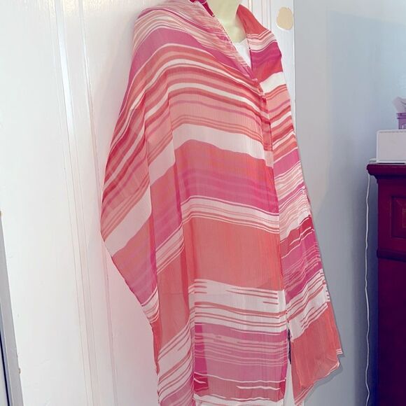 Isa & Stef Striped Pink, Orange, Red & Cream Semi- Sheer Shawl or Scarf - Picture 3 of 8
